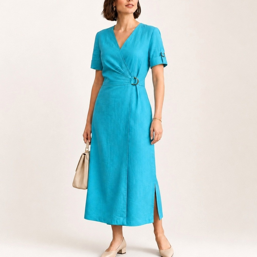 VTG Kasper Linen Blend Wrap Maxi Dress 6 Blue 90s Minimalist Career Retro Office